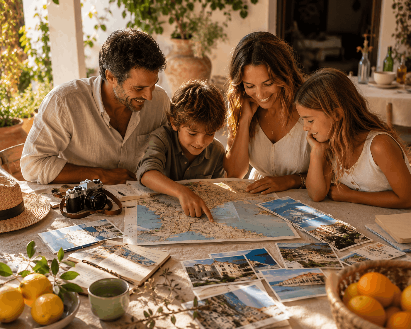 premium family travel planning scene with maps and mountain lodge mood