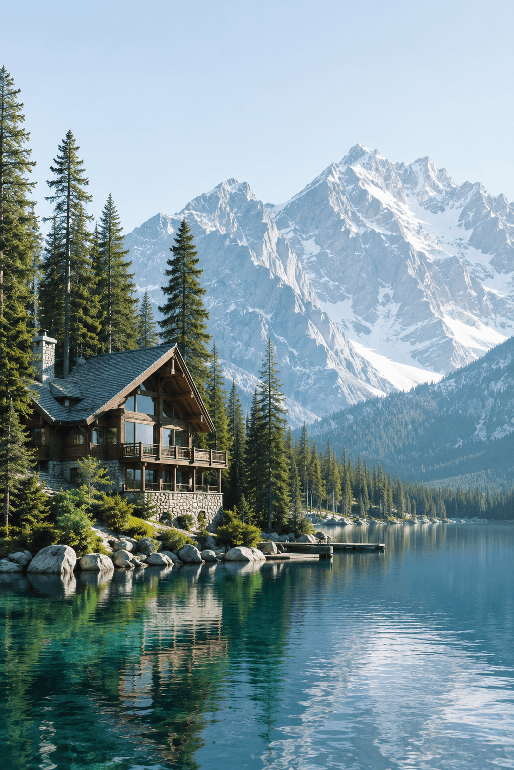 quiet mountain lake beside a refined lodge with pine forest and pale sky