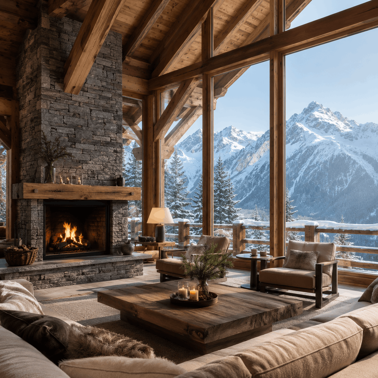 premium alpine lodge lounge with panoramic mountain windows and soft daylight