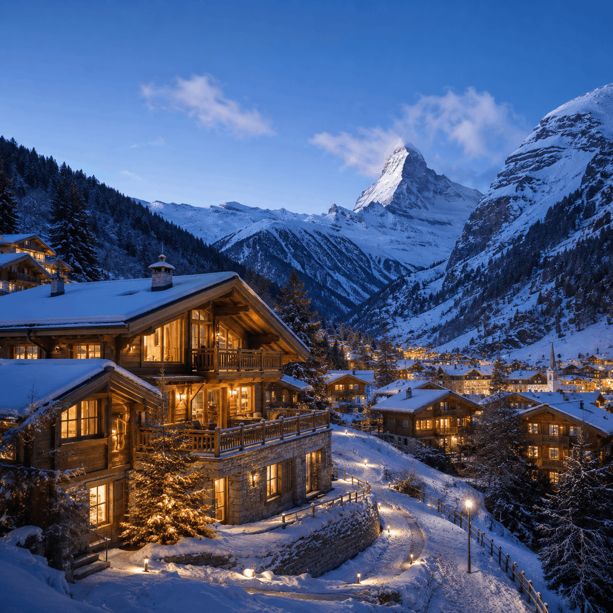 Swiss chalet village at blue hour with snowy peaks and warm window light