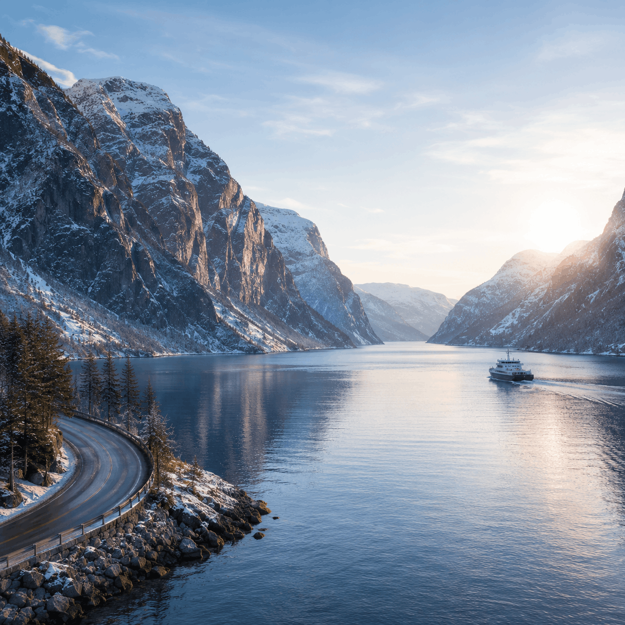 Norwegian fjord landscape with calm water, mountains and a scenic route
