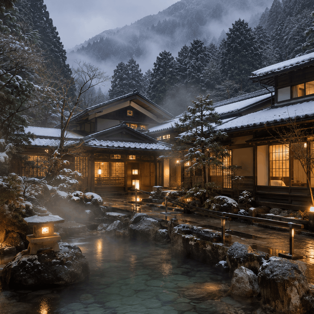Japanese ryokan in a mountain town with mist, cedar trees and elegant details