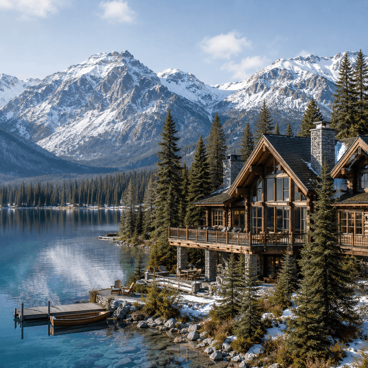 Canadian lakeside lodge surrounded by pine forest and soft snow