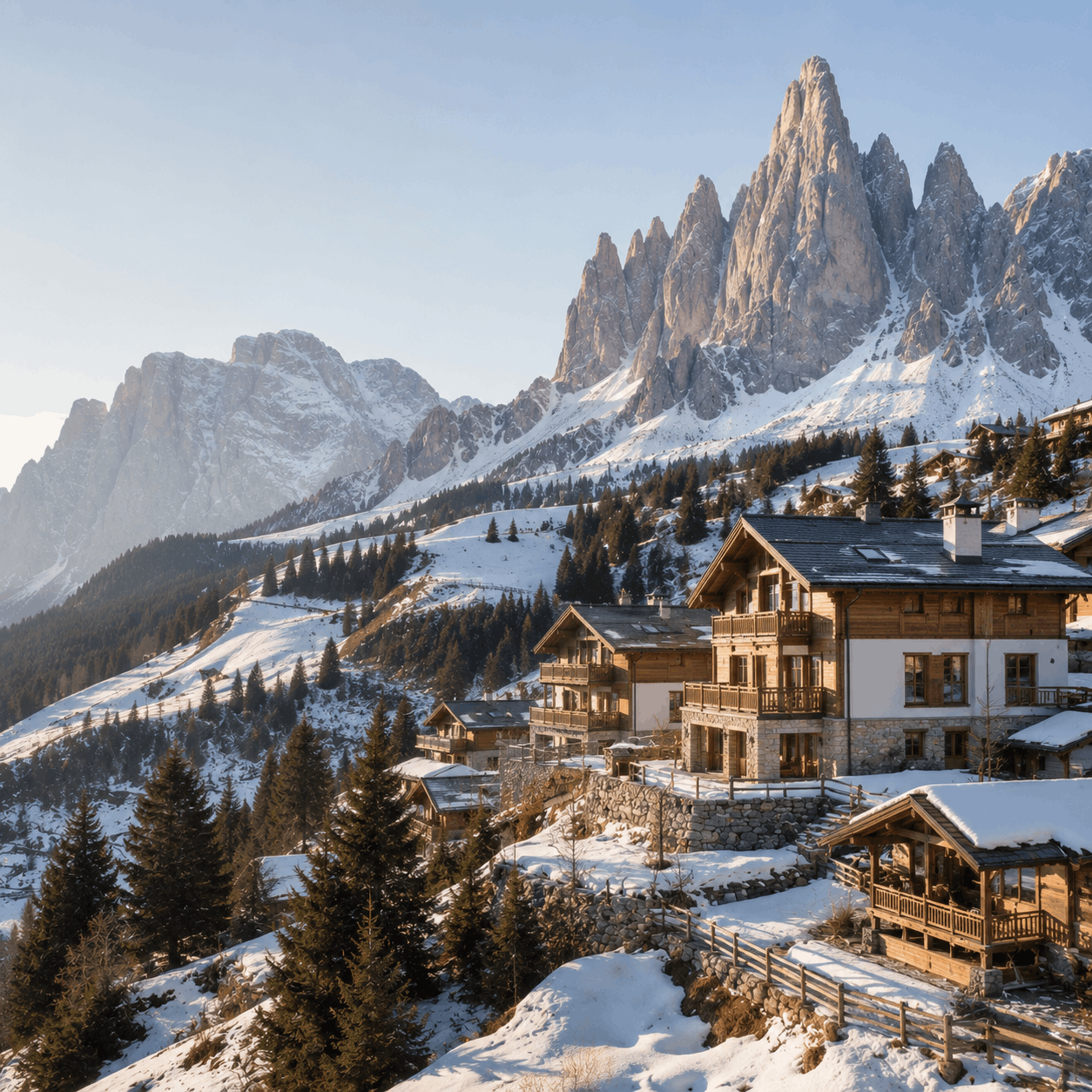 Dolomites mountain village with elegant lodge accommodation and pale morning light