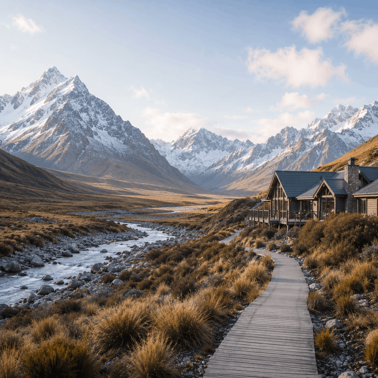 New Zealand Southern Alps lodge trail with wide open valley and soft snow