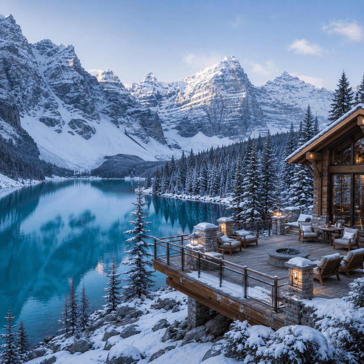 Banff lake retreat with pine trees, premium lodge deck and blue snow light