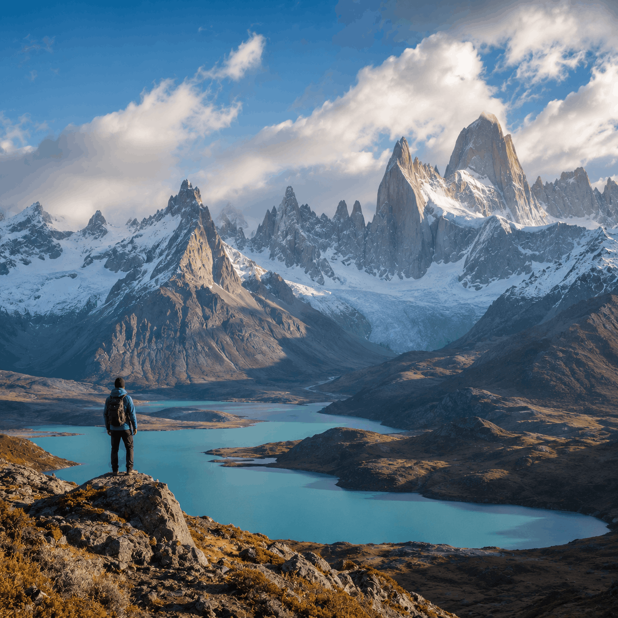 Patagonia mountain viewpoint with quiet travellers and dramatic clean air