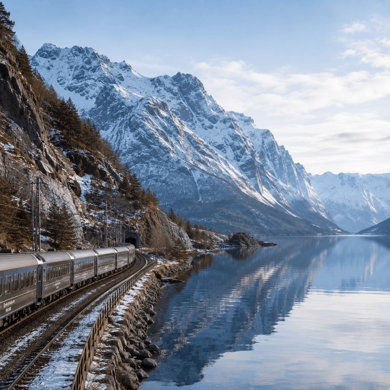 Norwegian fjord railway beside water and steep green mountains
