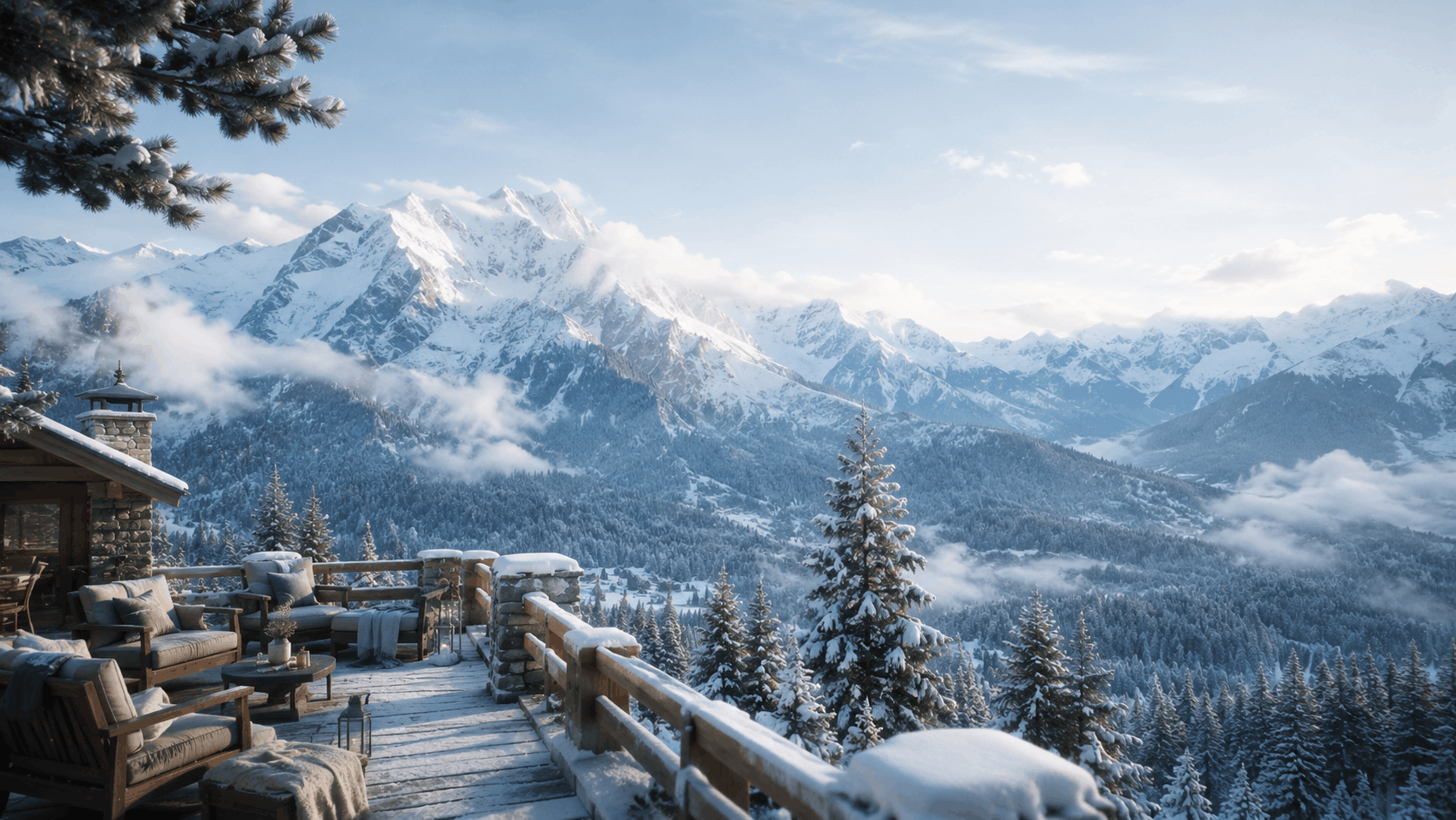 wide cinematic alpine valley with premium lodge terraces and snow peaks