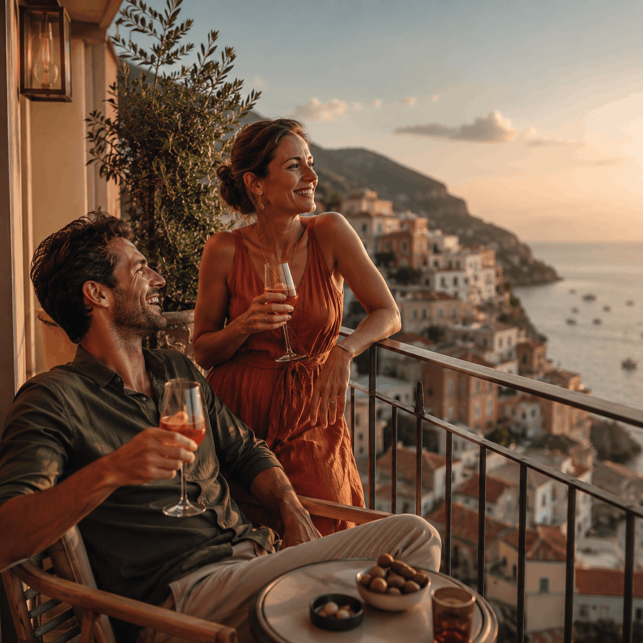 couple relaxing in a premium alpine lodge lounge with mountain view