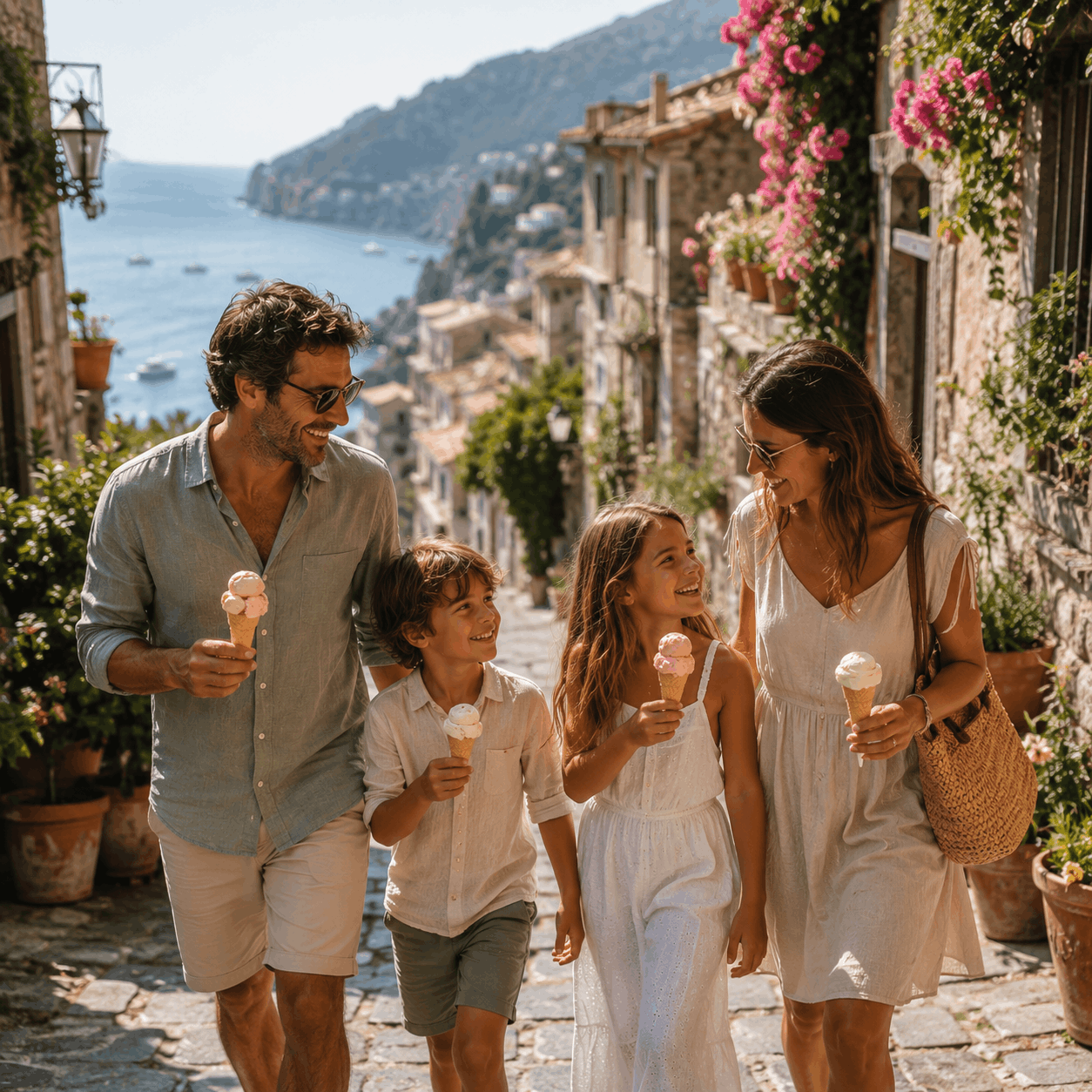 family on a calm fjord travel experience in soft daylight